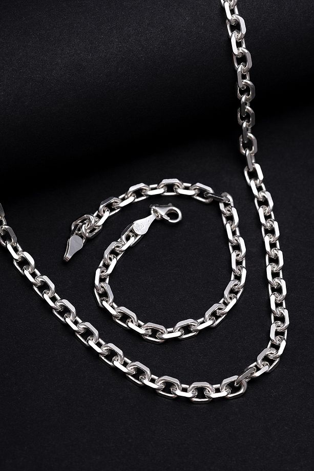 Erkek Gümüş Kolye Ve Erkek Gümüş Bileklik Set - 6.5mm Forse Model Erkek Gümüş Set - 2