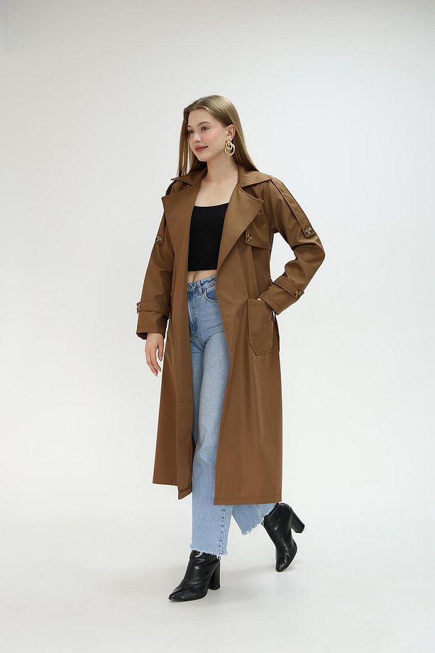 Cepli Kuşaklı Trençkot Taba - 5