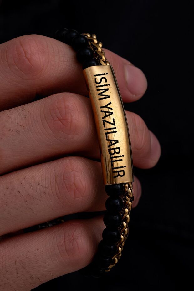 Men's Steel Bracelet - Customizable with Name, Black Bead, Yellow King Chain Steel Bracelet