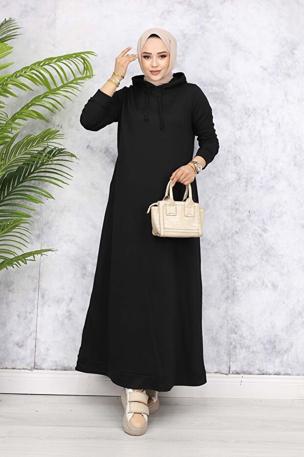 Kapüşonlu Basic Elbise 5042 Siyah - 4