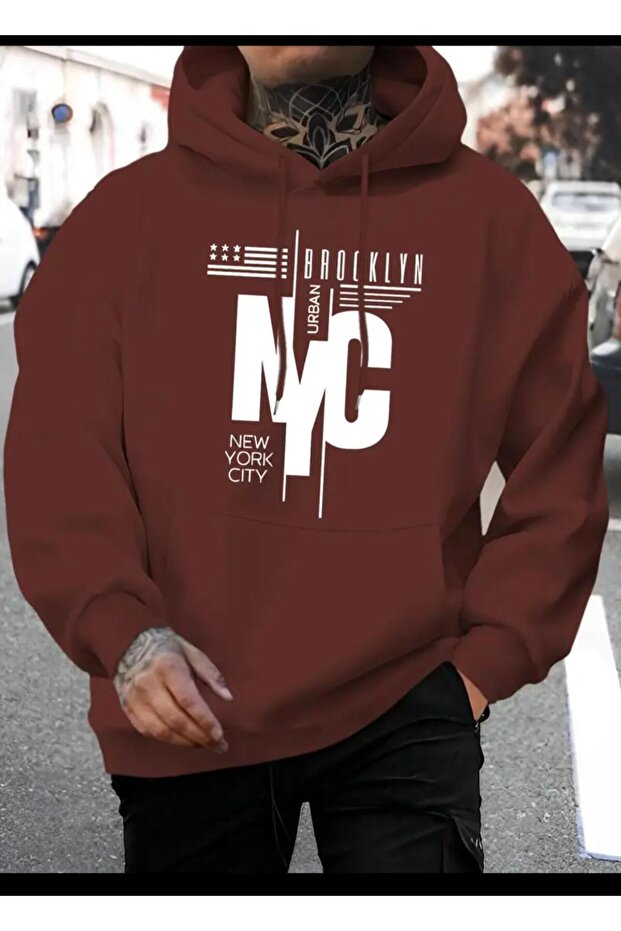 سويت شيرت بغطاء للرأس مطبوع من NYC