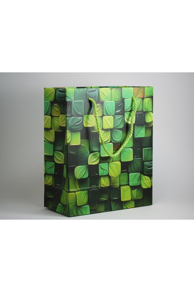 Pharmacy/Gift & Shopping Cardboard Bag Gusseted Green Mosaic (20X10X23,50 cm) - 1 Piece