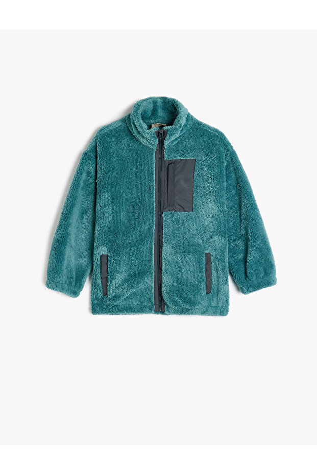 Stand Collar Pocket Detailed Zippered Fleece Sweatshirt