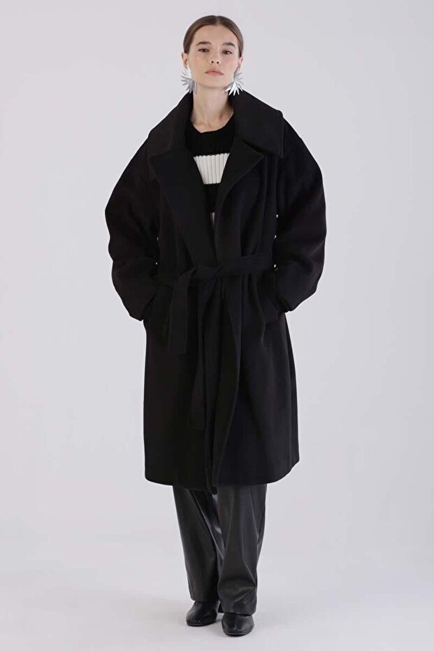Black-Oversize Belted Cashmere Coat
