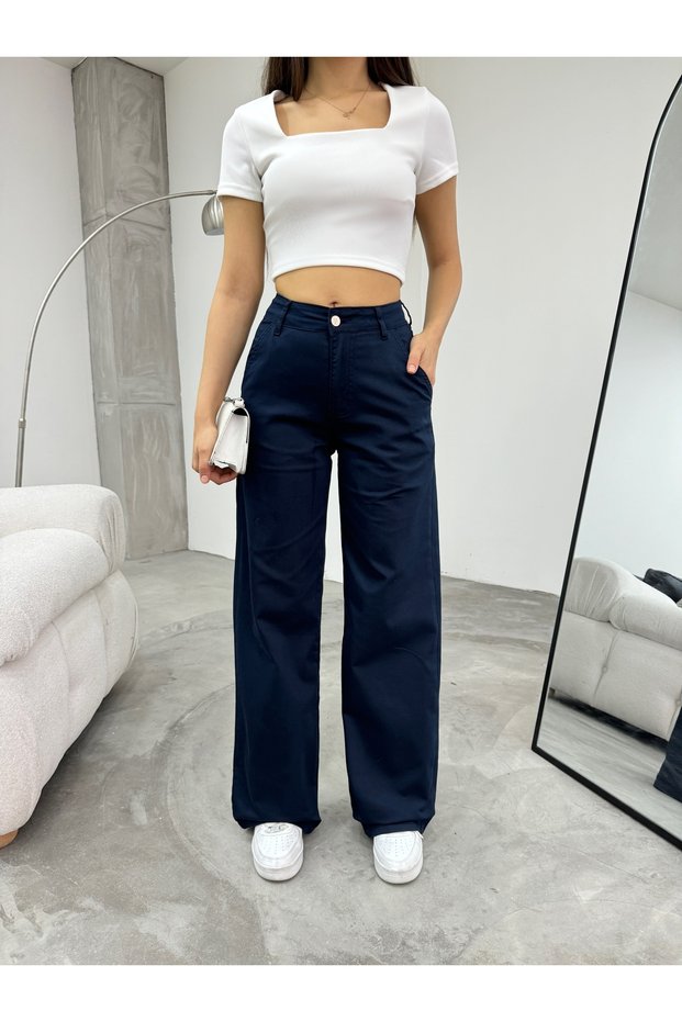 Women's Navy Blue High Waist Lycra Flexible Wide Leg Palazzo Trousers