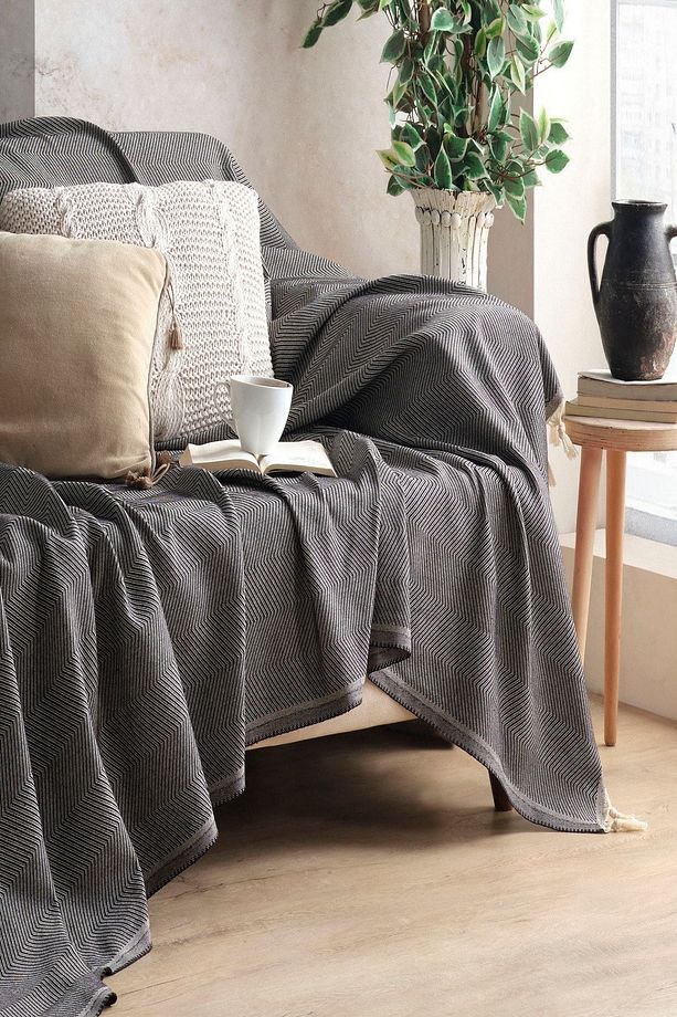 Siyah Pamuklu Dekoratif Koltuk Örtüsü Set 170x230 Boyutlu Optimal Kaymaz Tasarım (2 ADET) - 4