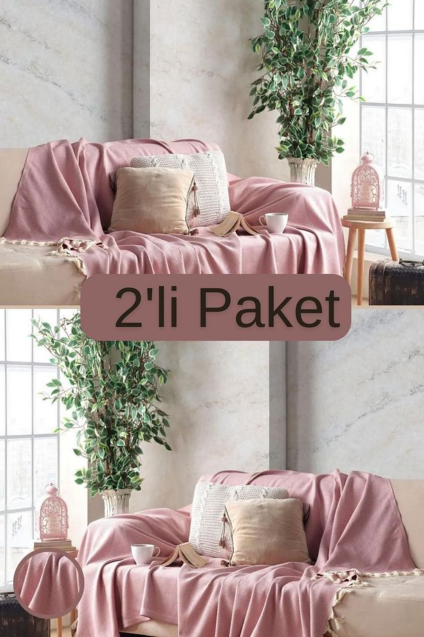 Gül Kurusu Pamuklu Dekoratif Koltuk Örtüsü Set 170x230 Boyutlu Optimal Kaymaz Tasarım (2 ADET) - 1
