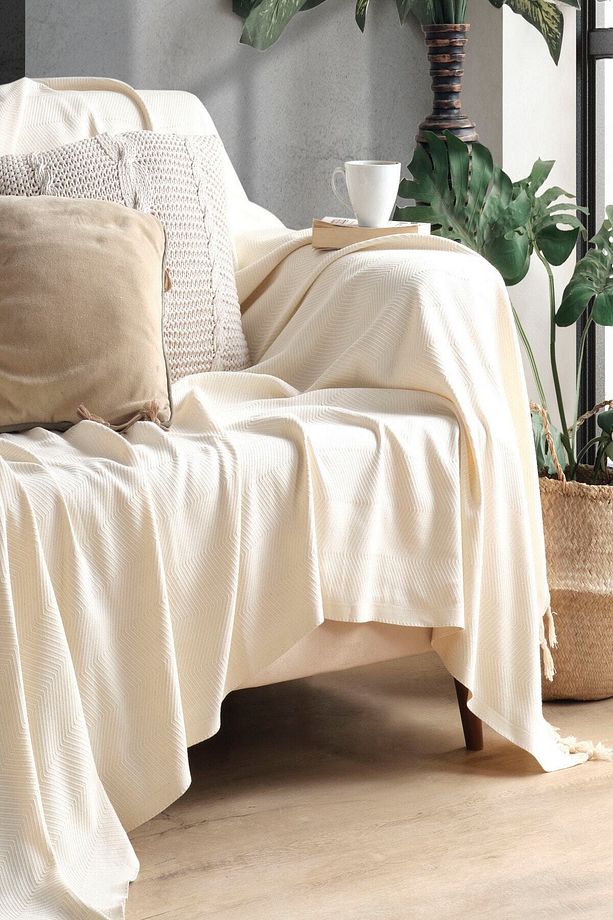 Ekru Pamuklu Dekoratif Koltuk Örtüsü Set 170x230 Boyutlu Optimal Kaymaz Tasarım (2 ADET) - 4