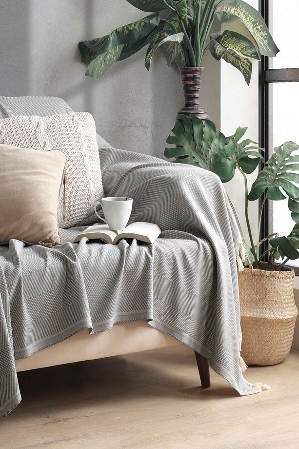 Gri Pamuklu Dekoratif Koltuk Örtüsü Set 170x230 Boyutlu Optimal Kaymaz Tasarım (2 ADET) - 4