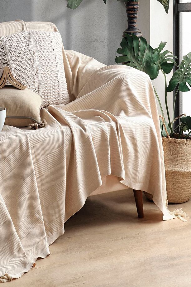 Açık Kahve Pamuklu Dekoratif Koltuk Örtüsü Set 170x230 Boyutlu Optimal Kaymaz Tasarım (2 ADET) - 4