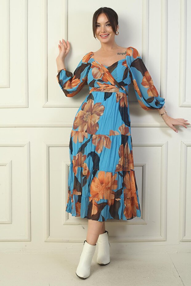Madonna Collar Lined Cross Tied Floral Double Breasted Chiffon Dress