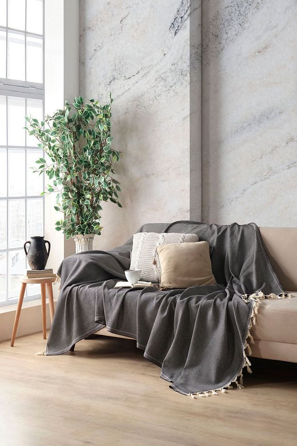 Siyah Pamuklu Dekoratif Koltuk Örtüsü Set 170x230 Boyutlu Optimal Kaymaz Tasarım (2 ADET) - 5