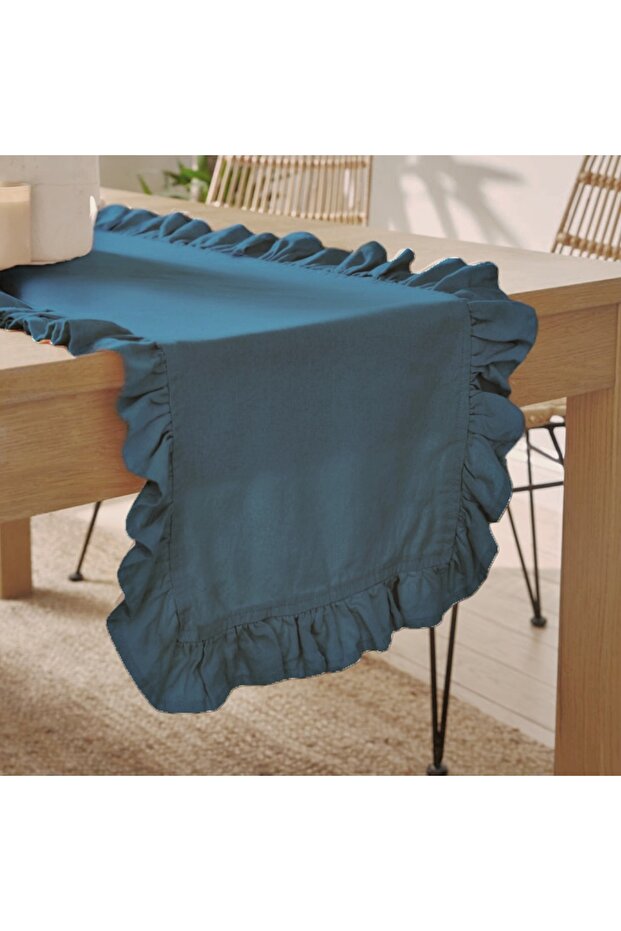 Indigo Blue Ruffled Runner, Velvet Textured 40x110, carefree runner