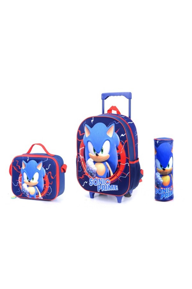 3-Piece Sonic Printed Telescopic Trolley Backpack Set