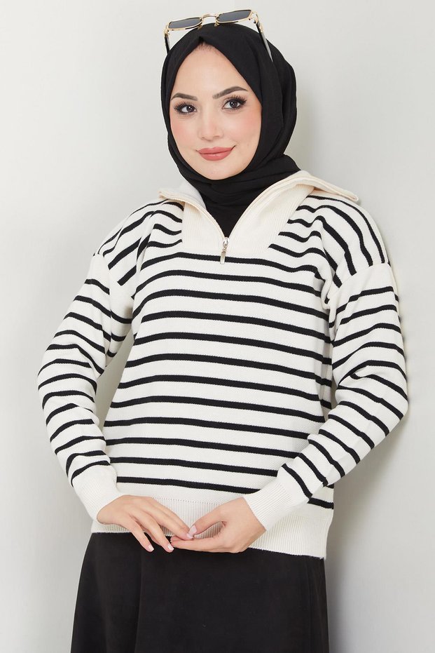 Zipper Detailed Striped Knitwear Sweater White Hm2611