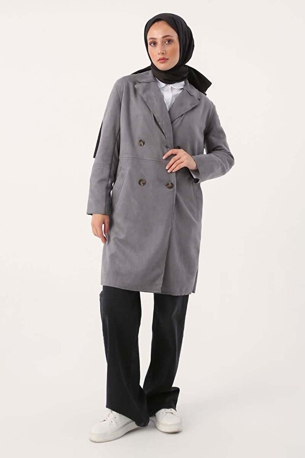 Gray-Suede Double Breasted Blazer Jacket - 1