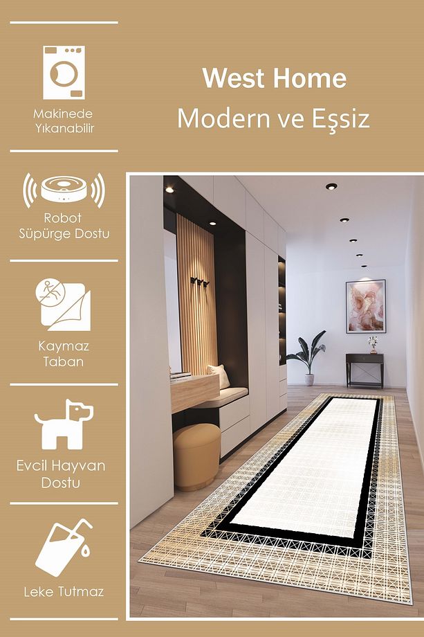 Makinede yıkanabilir kaymaz taban leke tutmaz bej mutfak halısı salon halısı ve yolluk - 3