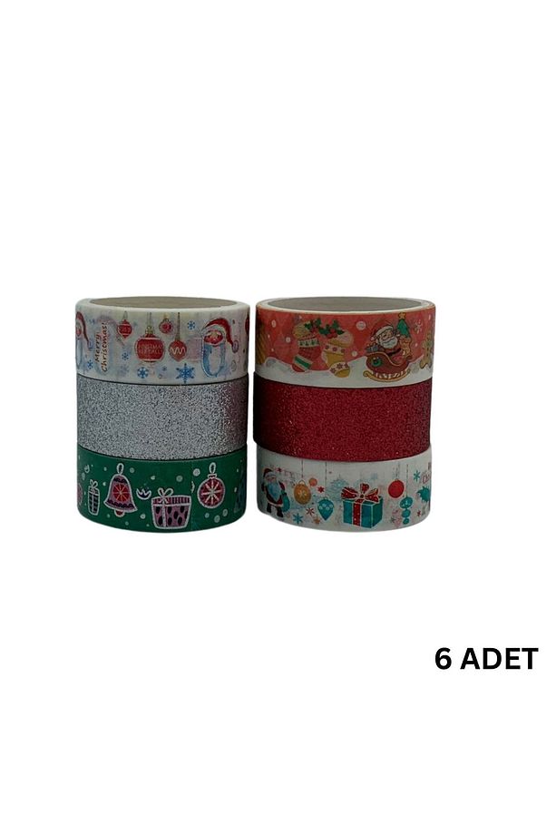 6lı Yılbaşı Desenli Washi Tape & Kırmızı-Beyaz Simli Bant Seti, Noel Temalı Yapışkan Rulo, 15mm-2m - 1