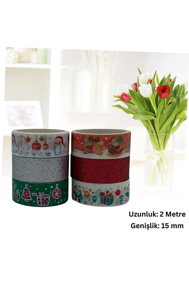 6lı Yılbaşı Desenli Washi Tape & Kırmızı-Beyaz Simli Bant Seti, Noel Temalı Yapışkan Rulo, 15mm-2m - 2