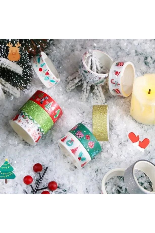 6lı Yılbaşı Desenli Washi Tape & Kırmızı-Beyaz Simli Bant Seti, Noel Temalı Yapışkan Rulo, 15mm-2m - 7