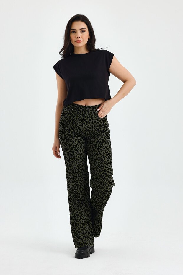 Animal Print Yüksek Bel Flare Paça Leopar Desenli Kadife Pantolon-27 - Yeşil - 5