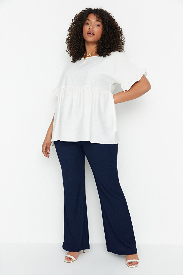 Navy Blue High Waist Spanish Leg Knitted Plus Size Pants Tbbss22Pl0416