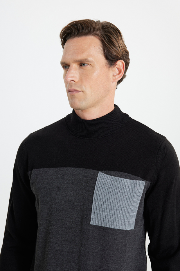 Erkek Siyah-Antrasit Standart Fit Normal Kesim Yarım Balıkçı Yaka Triko Kazak - 4