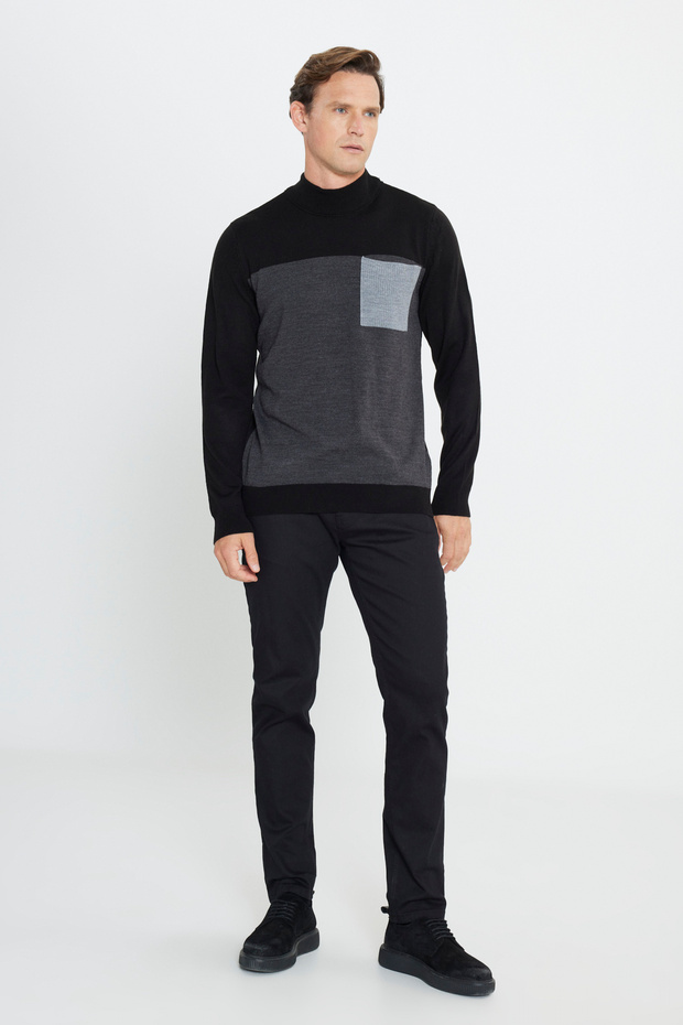 Erkek Siyah-Antrasit Standart Fit Normal Kesim Yarım Balıkçı Yaka Triko Kazak - 2