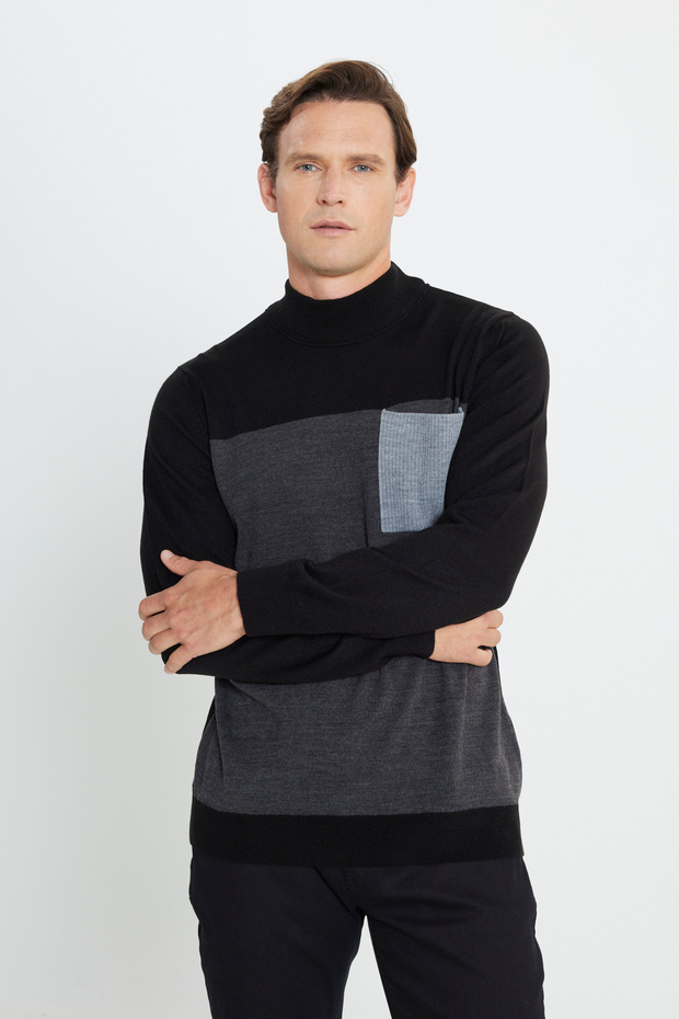 Erkek Siyah-Antrasit Standart Fit Normal Kesim Yarım Balıkçı Yaka Triko Kazak - 3