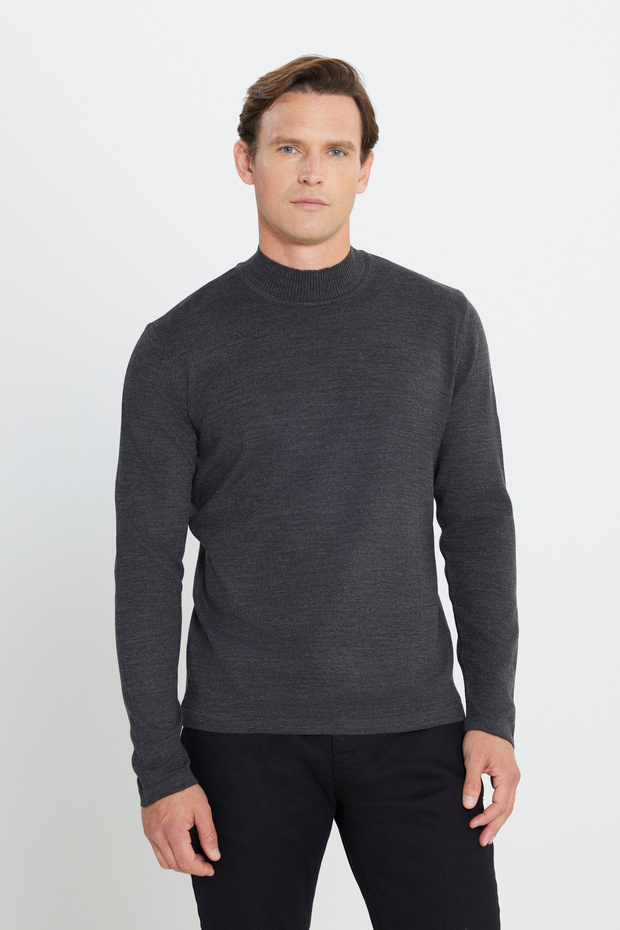 Men's Anthracite-Swallow Half Turtleneck Knitwear Sweater - Non-Pilling, Standard Fit