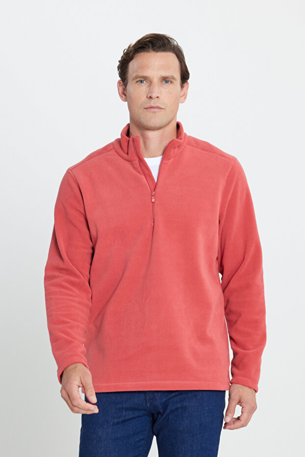 Erkek Mercan Anti-Pilling Tüylenme Yapmayan Standart Fit Dik Yaka Polar Sweatshirt - 1