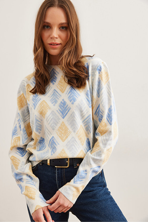 Women's Yellow Baklava Crew Neck Patterned Soft Textured Premium Knitwear Sweaterkzk-19000611
