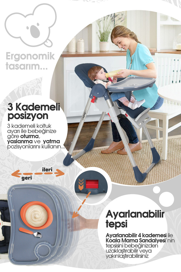 Koala Mama Sandalyesi Portatif Katlanır Yükseklik Ayarlı Tekerlekli İçi Pedli - Gri Renk - 7
