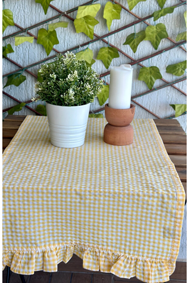 Thin Keten Kumaş Sarı Mini Pötikateli Keten Runner - 8