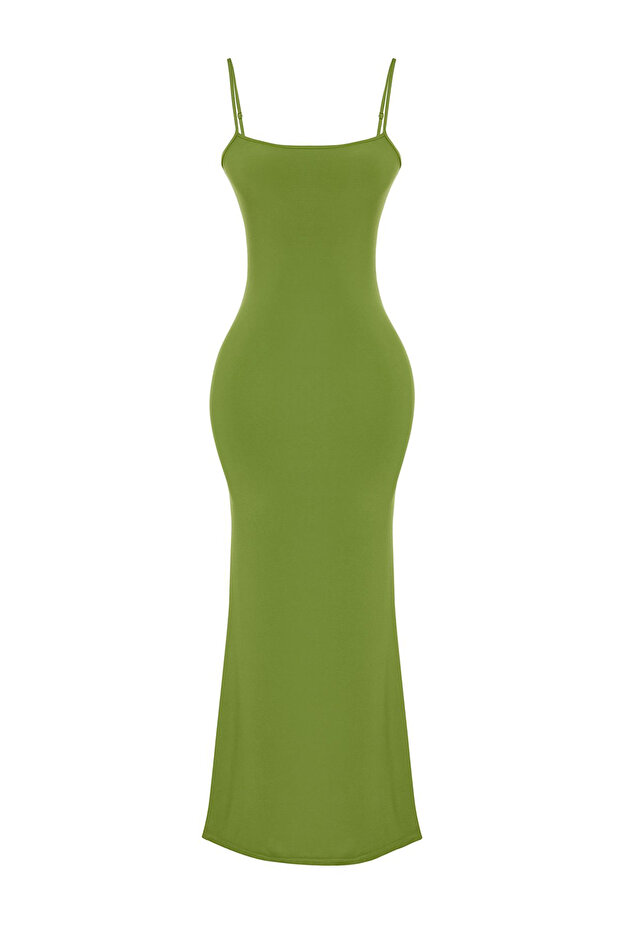 Yeşil Fitted/Vücuda Oturan Askılı Esnek Örme Maxi Kalem Elbise TWOSS23EL02435 - 6