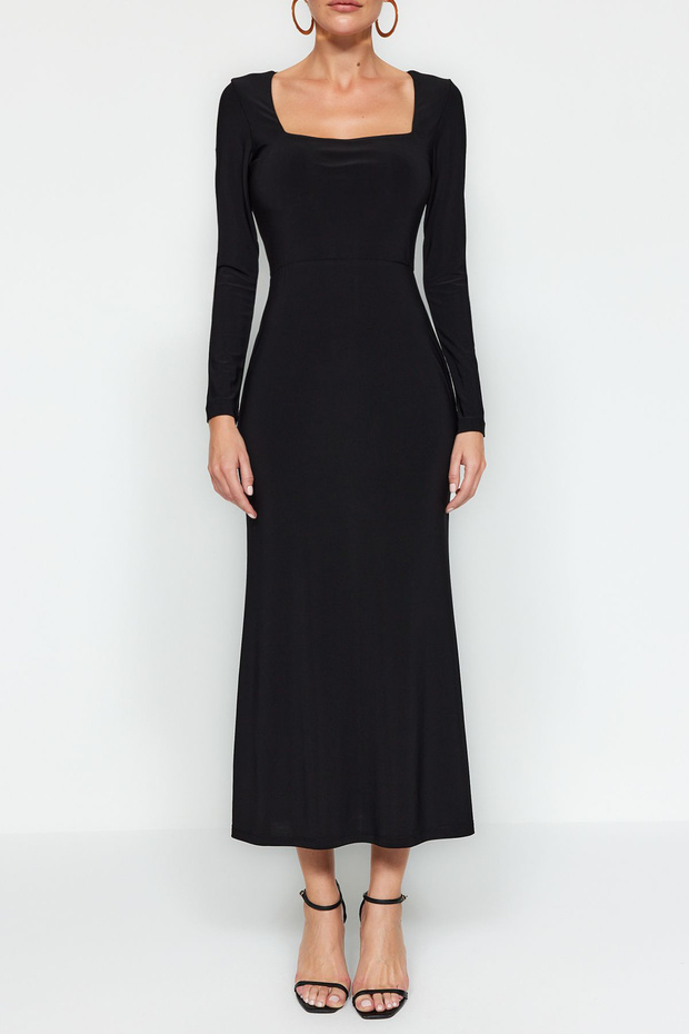 Siyah Volanlı Kare Yaka Fitted/Vücuda Oturan Maxi Esnek Örme Elbise TWOAW24EL00613 - 5