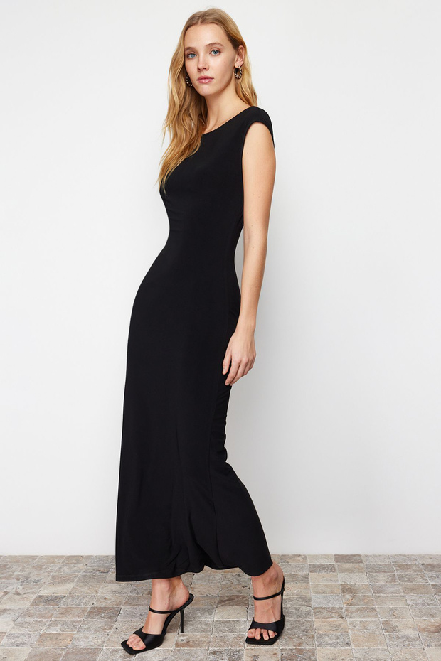 Siyah Sırt Dekolteli Fitted/Vücuda Oturan Maxi Esnek Örme Maxi Kalem Elbise TWOSS24EL00090 - 2