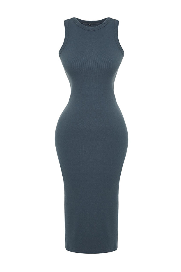Açık Antrasit Bodycone/Vücuda Oturan Bisiklet Yaka Esnek Midi Örme Kalem Elbise TWOSS22EL1575 - 7