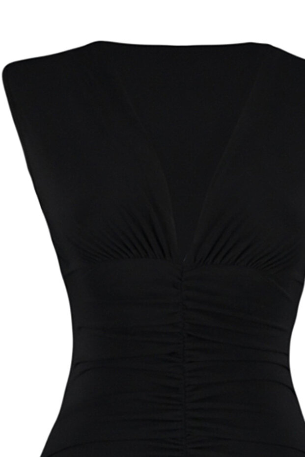 Siyah Fitted/Vücuda Oturan Büzgü Detaylı Midi Esnek Örme Kalem Elbise TWOSS23EL00751 - 8