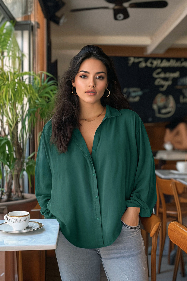 Zümrüt Yeşili Boyfriend Basic Büyük Beden Uzun Kollu Dokuma Gömlek TBBSS22GO0319 - 1