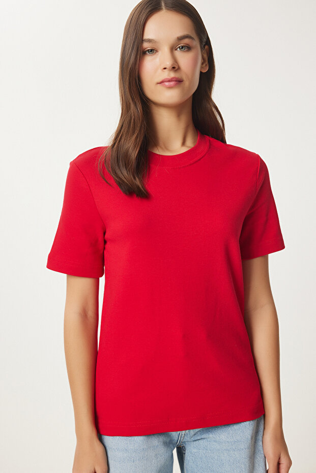 Women's Red Cotton Basic Knitted T-Shirt Ag00001