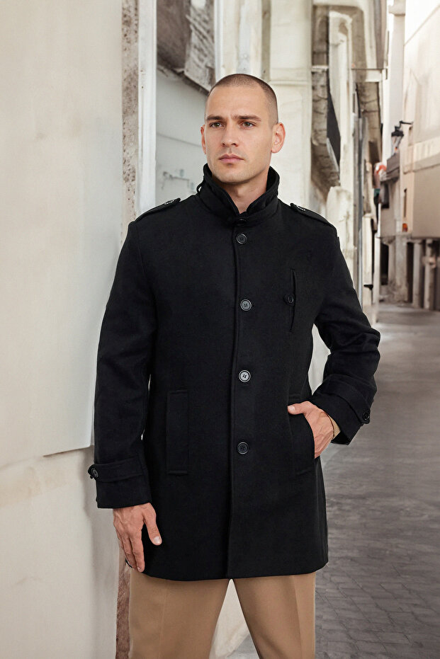 Black Men's Regular Fit Winter Wool Blend Winter Cashmere Coat Tmnaw25Kb00002