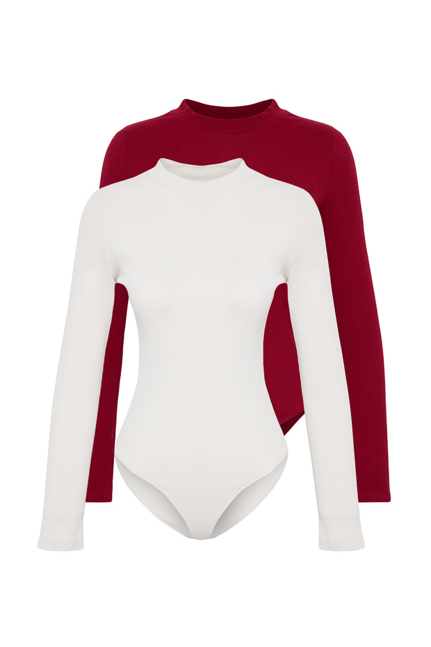 Bordo-Taş 2'li Paket Slim Çıtçıtlı Dik Yaka Fitilli Esnek Örme Body TWOAW23BD00030 - 6