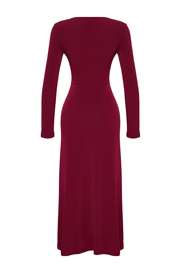 Bordo Maxi Volanlı Kare Yaka Fitted/Vücuda Oturan Maxi Esnek Örme Elbise TWOAW24EL00613 - 7