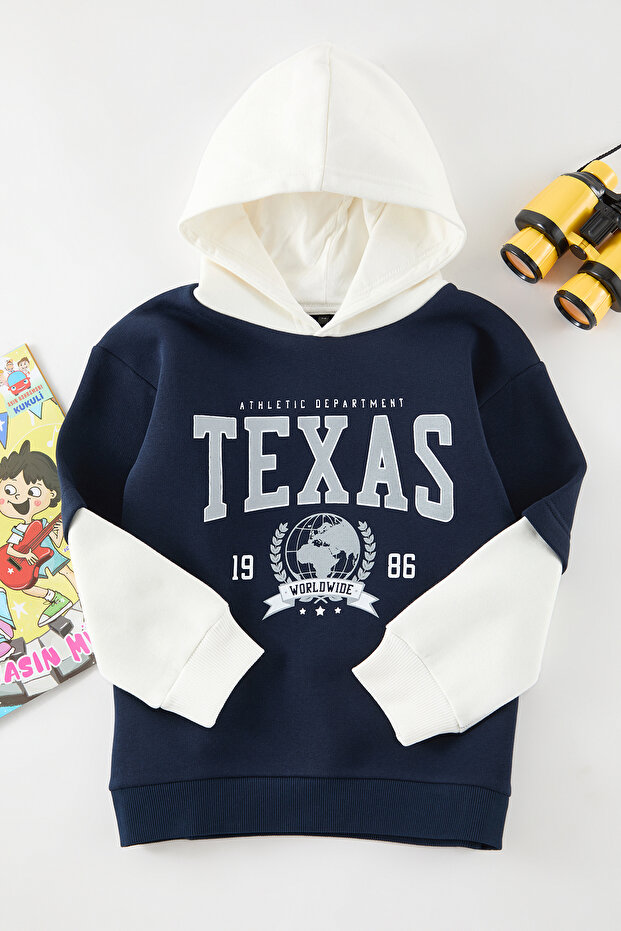 Ekru Erkek Çocuk Kapüşonlu Slogan Baskılı Renk Bloklu Örme Sweatshirt TKDAW25SW00133 - 2