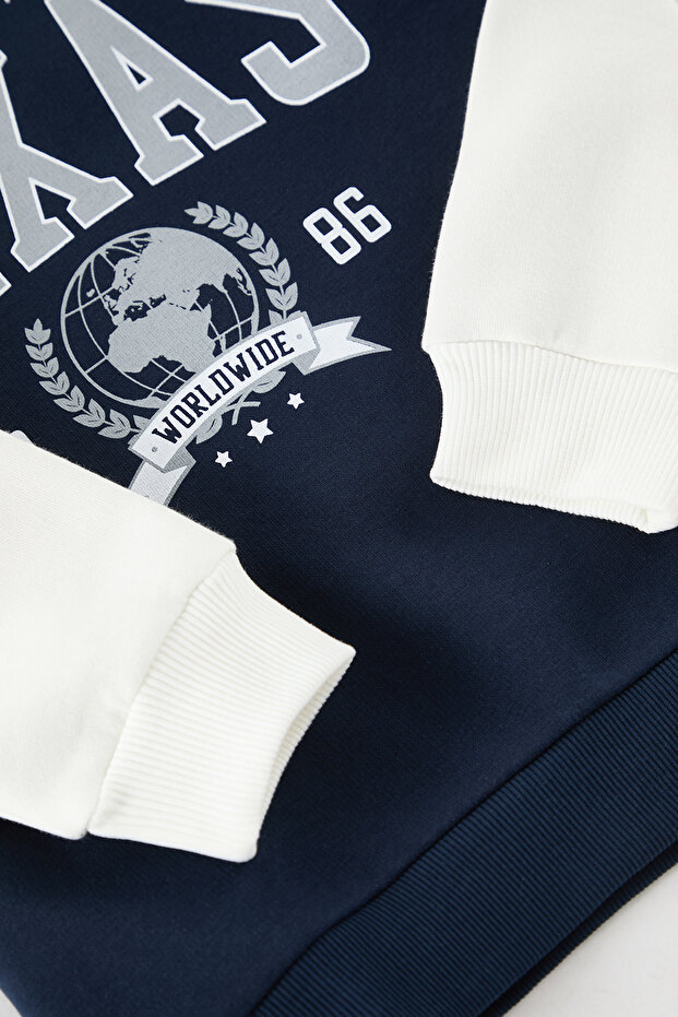 Ekru Erkek Çocuk Kapüşonlu Slogan Baskılı Renk Bloklu Örme Sweatshirt TKDAW25SW00133 - 4