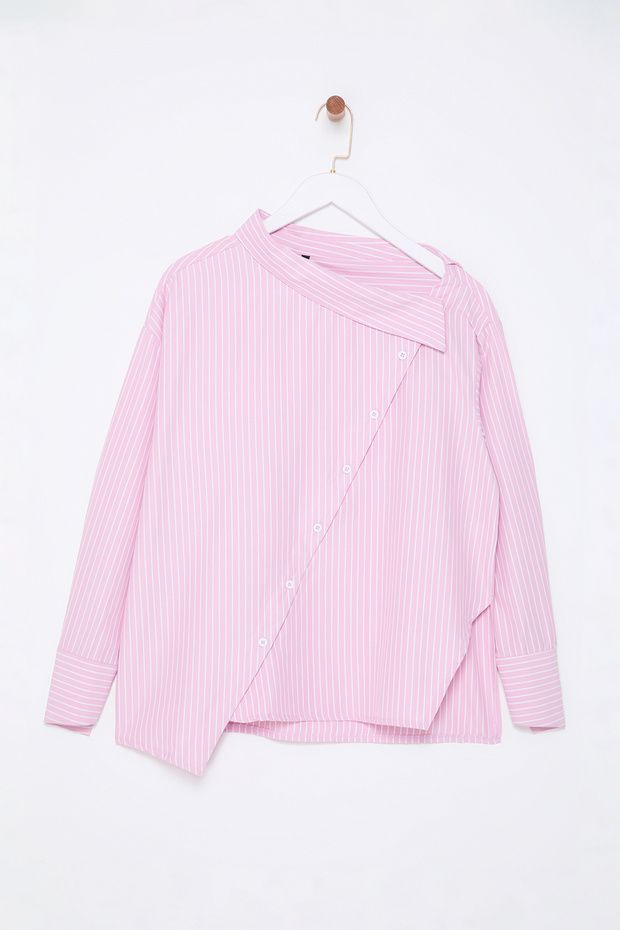Pembe Yaka Detaylı Çizgili Dokuma Gömlek TWOAW25GO00065 - 1