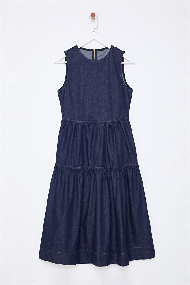Koyu Mavi Volanlı Midi Denim Elbise TWOSS25EL00007 - 6