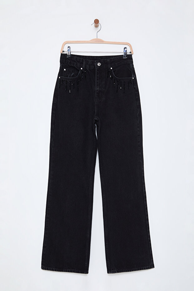 Široké nohavice s vysokým pásom a detailom vrecka z čierneho kameňa TWOSS25JE00002 - 6