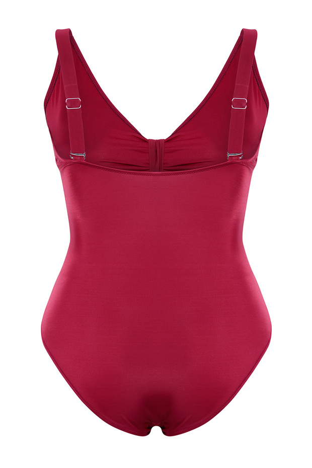 Bordo Derin V Yaka Cut-Out Bağlamalı Atma Kaplı Büyük Beden Mayo TBBSS22MA0302 - 7